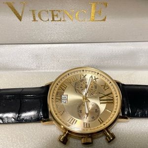 Men’s Vicence 14K Gold Case Wrist Watch w/Black Leather Strap